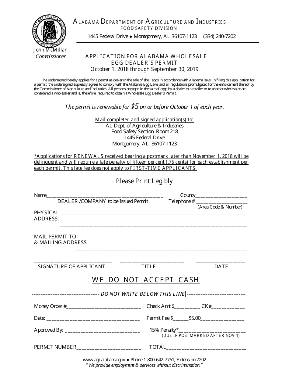 Application for Alabama Wholesale Egg Dealers Permit - Alabama, Page 1