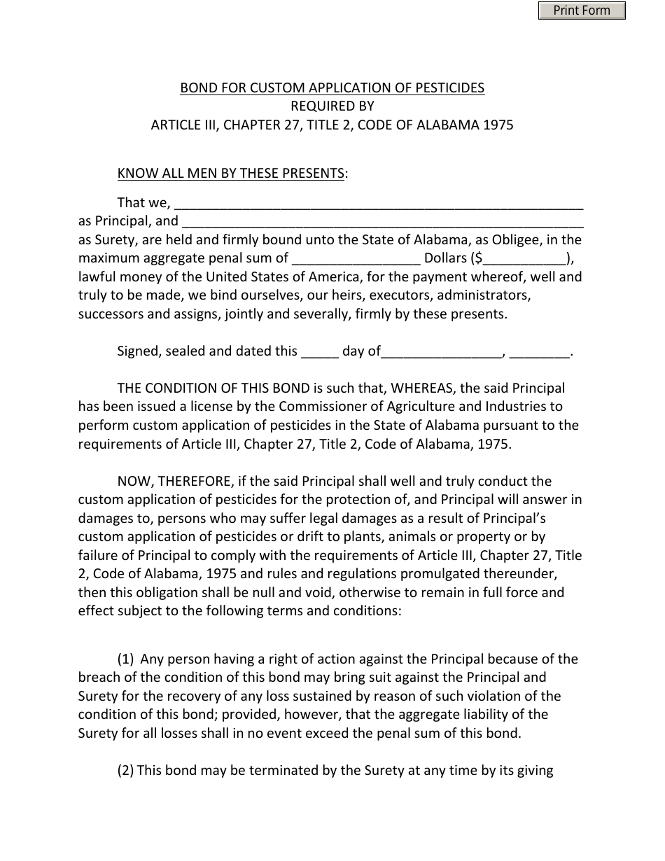 Alabama Bond for Custom Application of Pesticides Fill Out, Sign