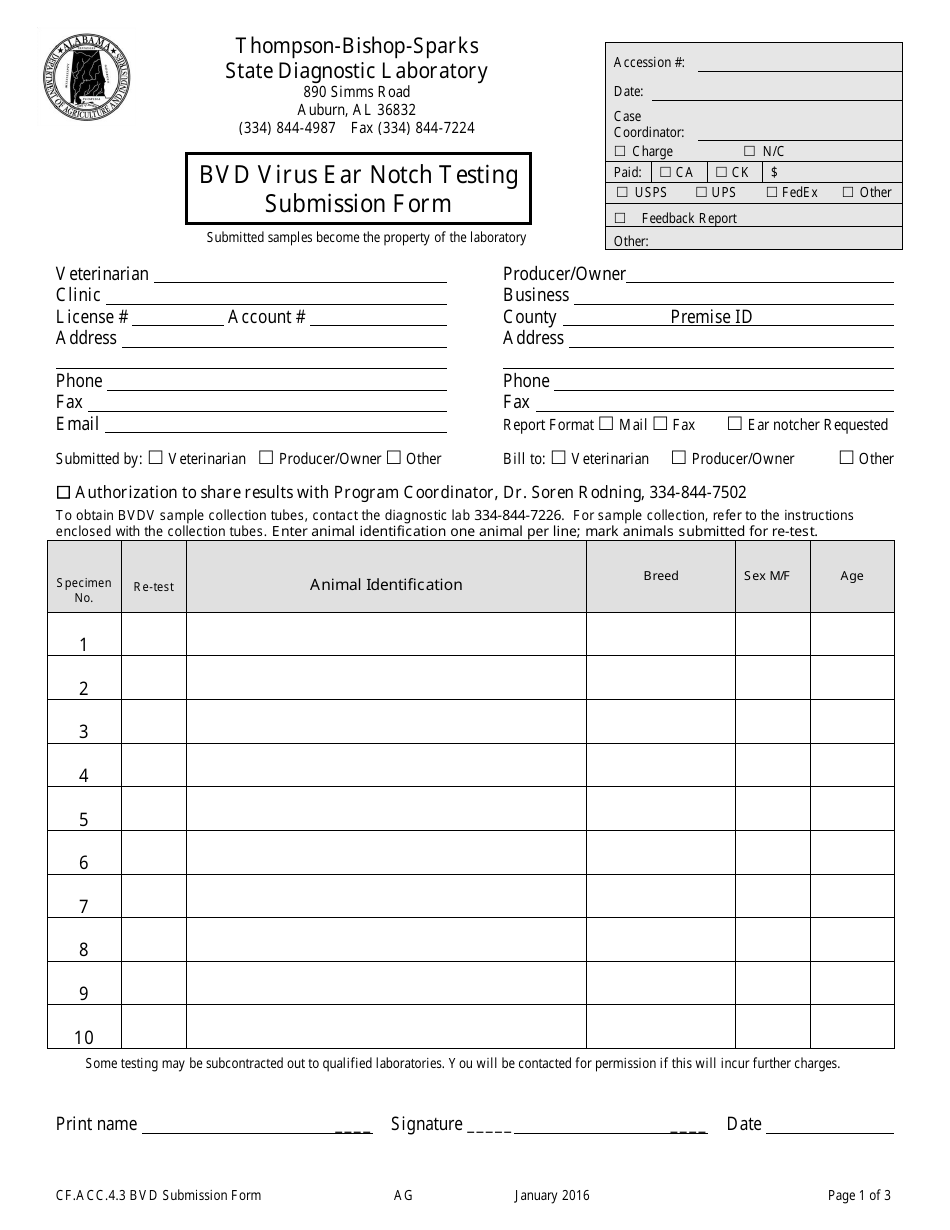Form CF.ACC.4.3 Bvd Virus Ear Notch Testing Submission Form - Alabama, Page 1