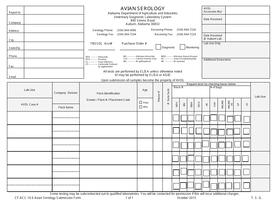 Form CF.ACC.10.6 Avian Serology Submission Form - Alabama, Page 1