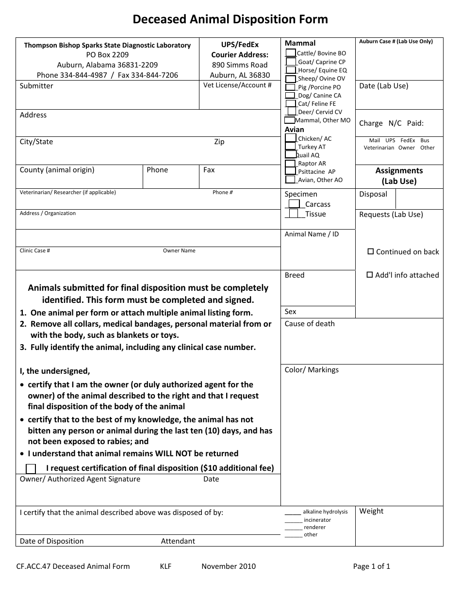Form CF.ACC.47 Deceased Animal Disposition Form - Alabama, Page 1