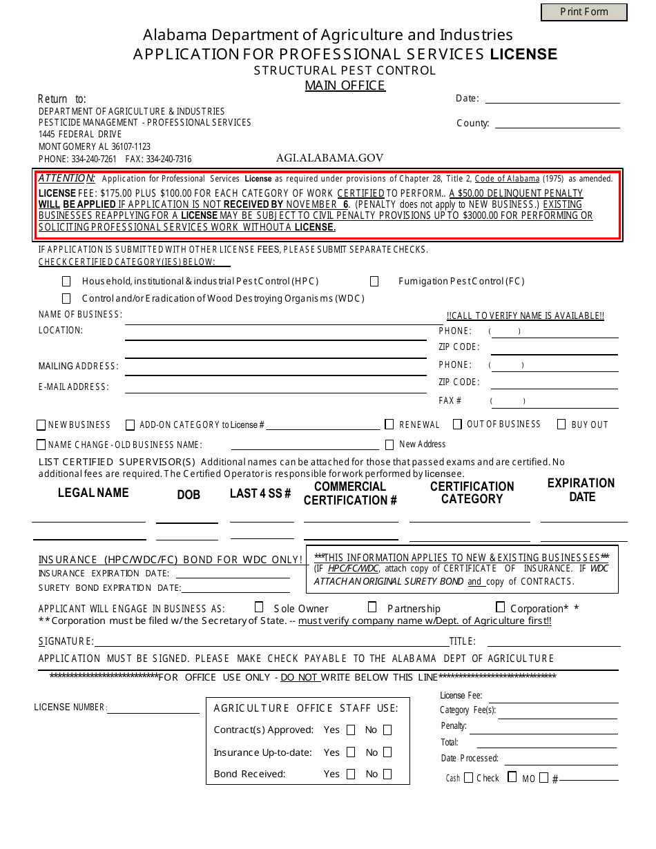 Application for Professional Services License - Structural Pest Control - Alabama, Page 1