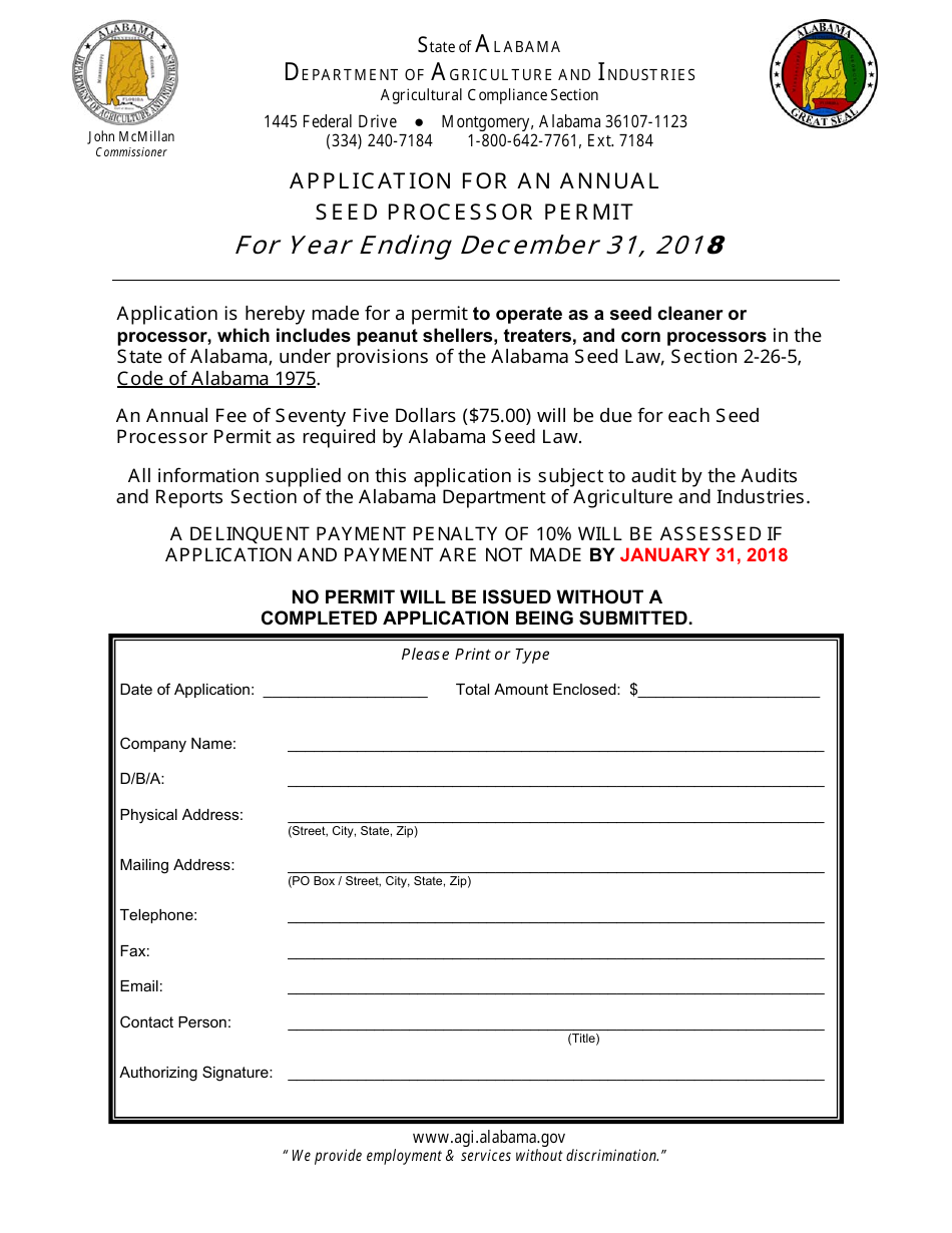 Application for Annual Seed Processor Permit - Alabama, Page 1