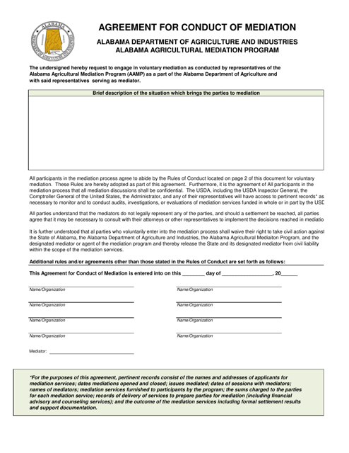 "Agreement for Conduct of Mediation - Alabama Agricultural Mediation Program" - Alabama Download Pdf