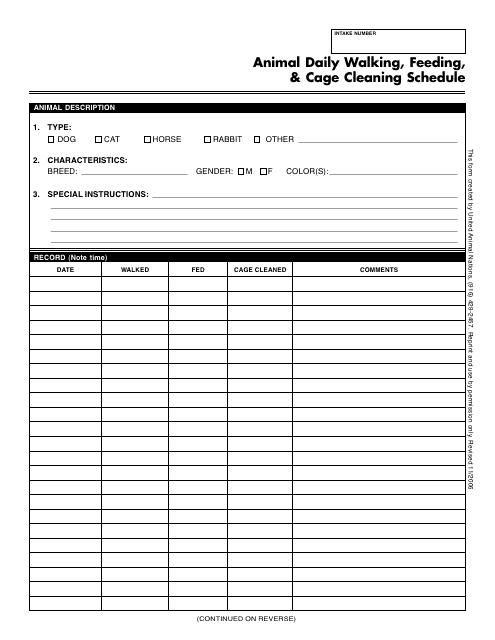 &quot;Animal Daily Walking, Feeding, &amp; Cage Cleaning Schedule Template - United Animal Nations&quot; Download Pdf