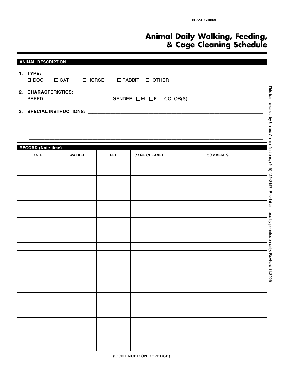 Animal Daily Walking, Feeding,  Cage Cleaning Schedule Template - United Animal Nations, Page 1
