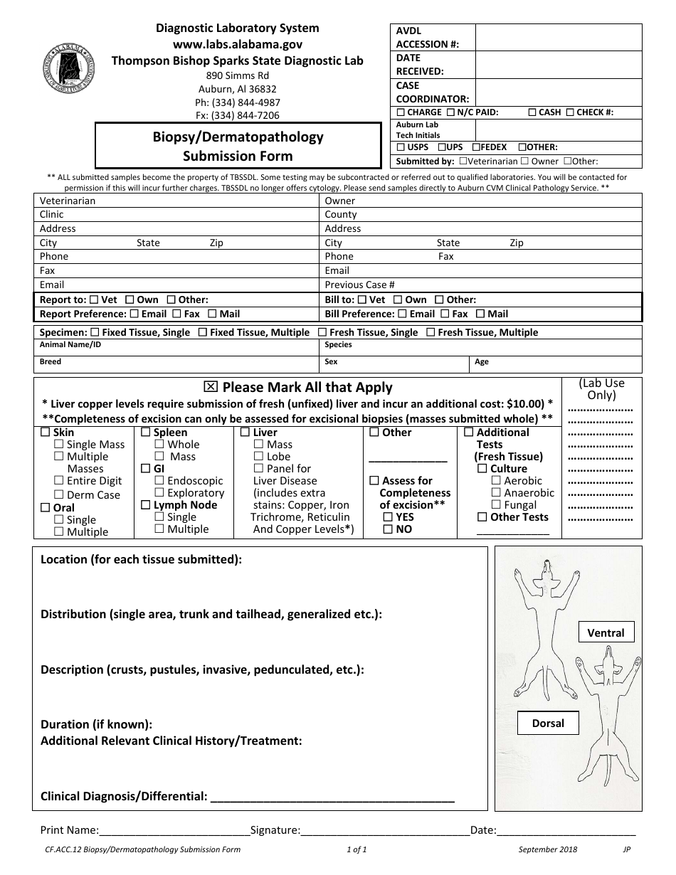 Form CF.ACC.12 Biopsy / Dermatopathology Submission Form - Alabama, Page 1