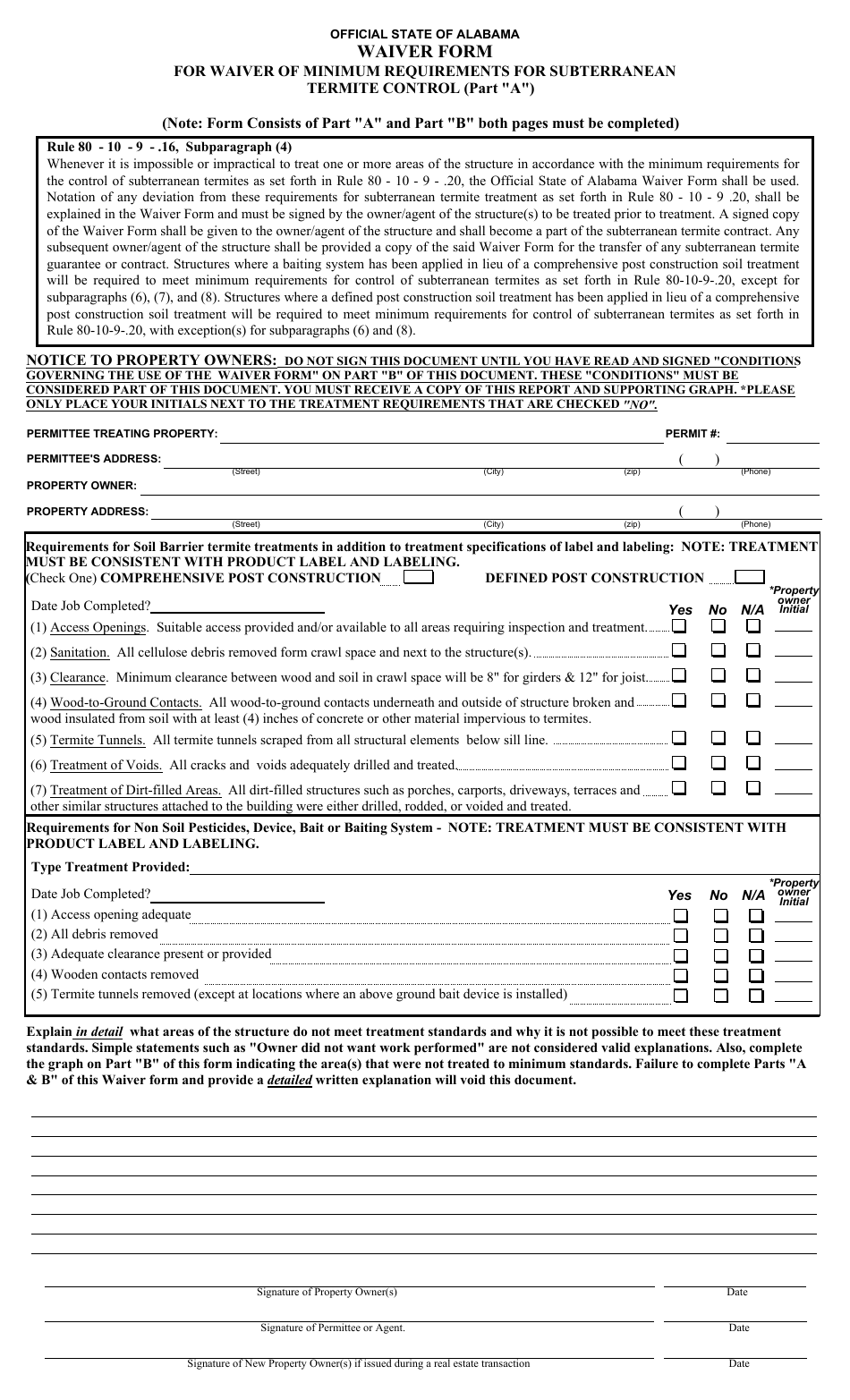 Waiver Form for Waiver of Minimum Requirements for Subterranean Termite Control - Alabama, Page 1