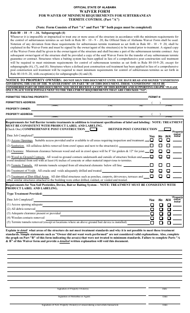 &quot;Waiver Form for Waiver of Minimum Requirements for Subterranean Termite Control&quot; - Alabama Download Pdf