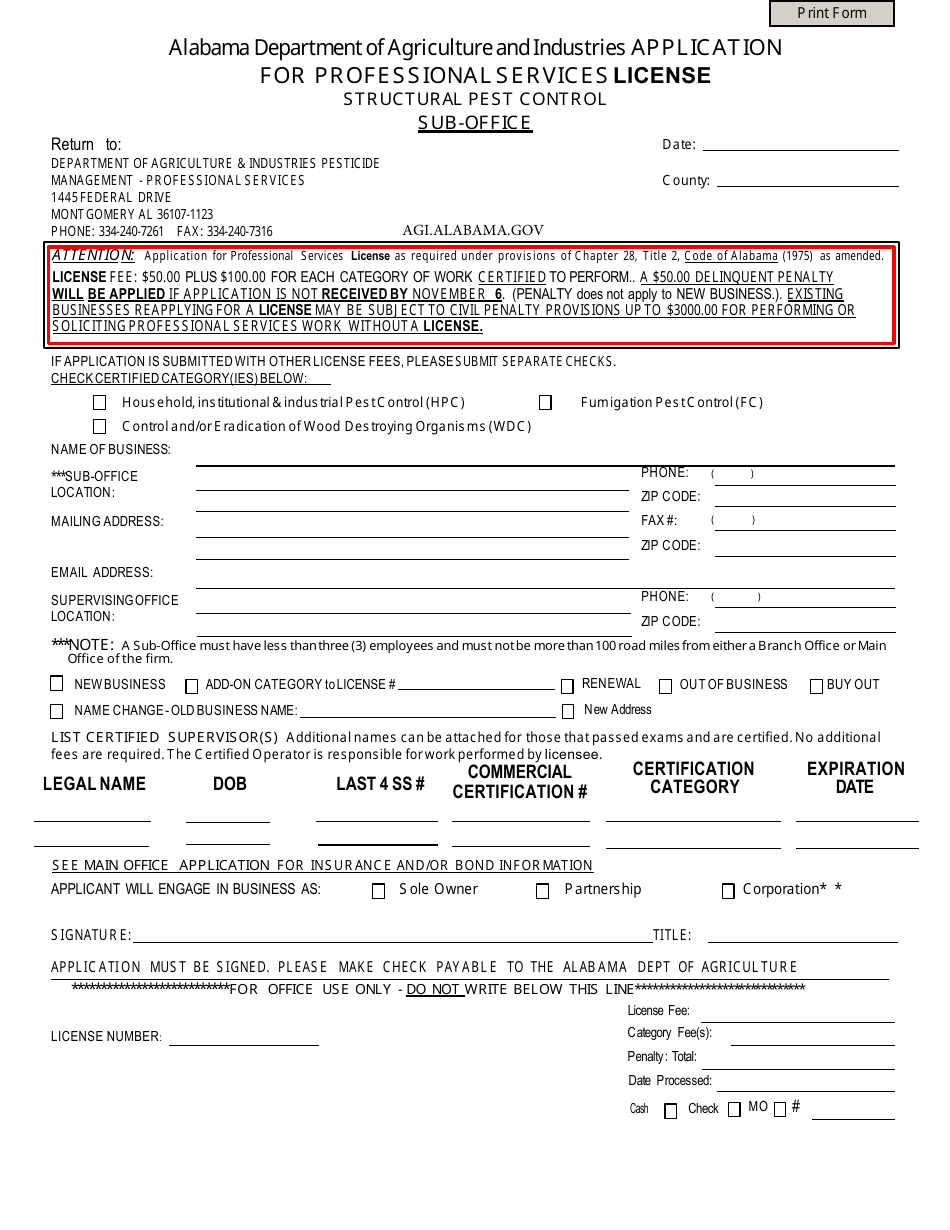 Application for Professional Services License - Alabama, Page 1
