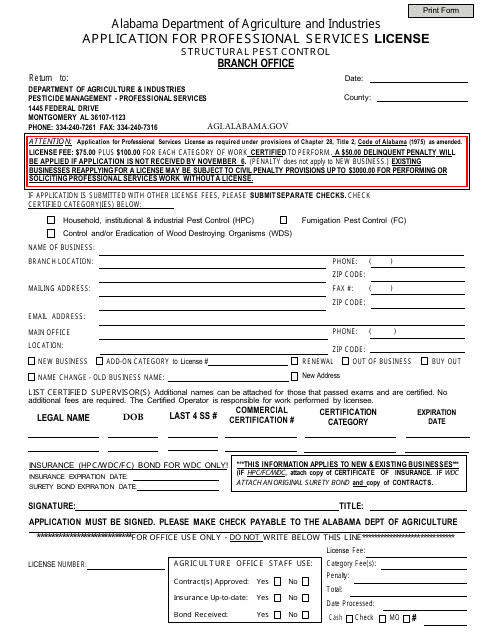 &quot;Application Form for Professional Services License - Structural Pest Control Branch Office&quot; - Alabama Download Pdf