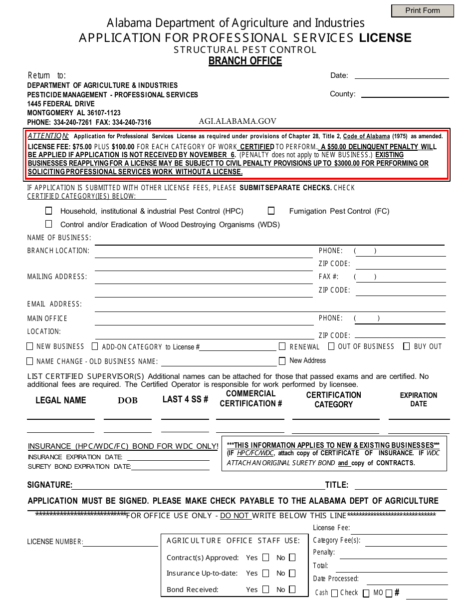 Application Form for Professional Services License - Structural Pest Control Branch Office - Alabama, Page 1