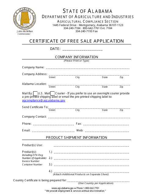 &quot;Certificate of Free Sale Application Form&quot; - Alabama Download Pdf