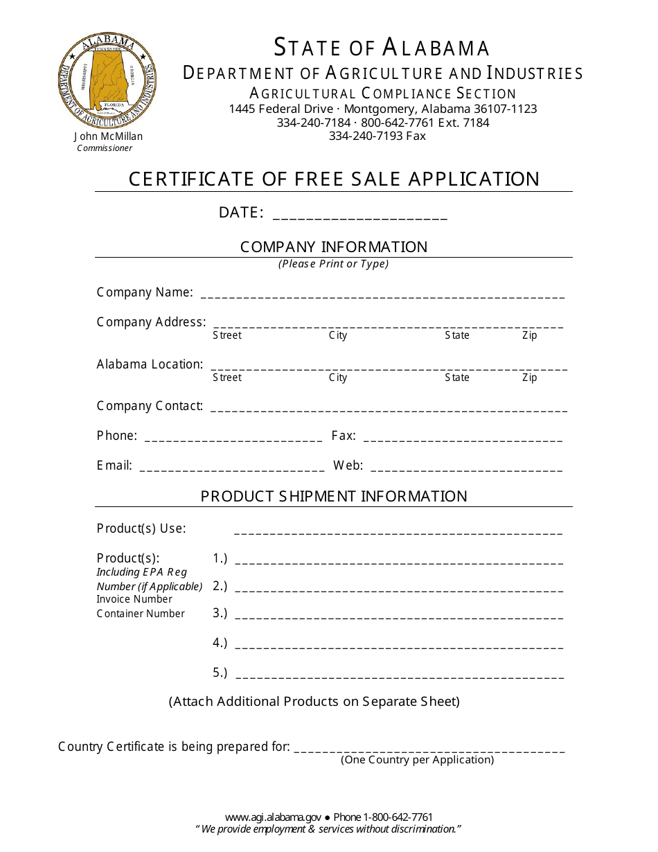 Certificate of Free Sale Application Form - Alabama, Page 1