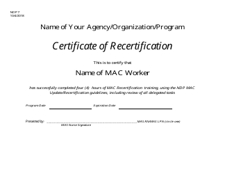 Form NDP7 &quot;Certificate of Recertification&quot; - Alabama