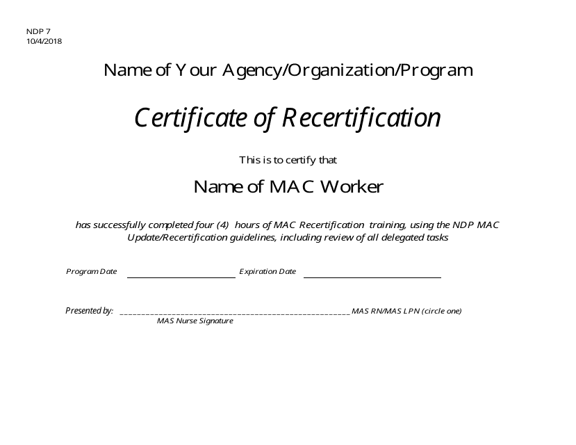 Form NDP7 Certificate of Recertification - Alabama