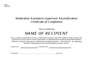 Form NDP7 &quot;Medication Assistance Supervisor Recertification Certificate of Completion&quot; - Alabama