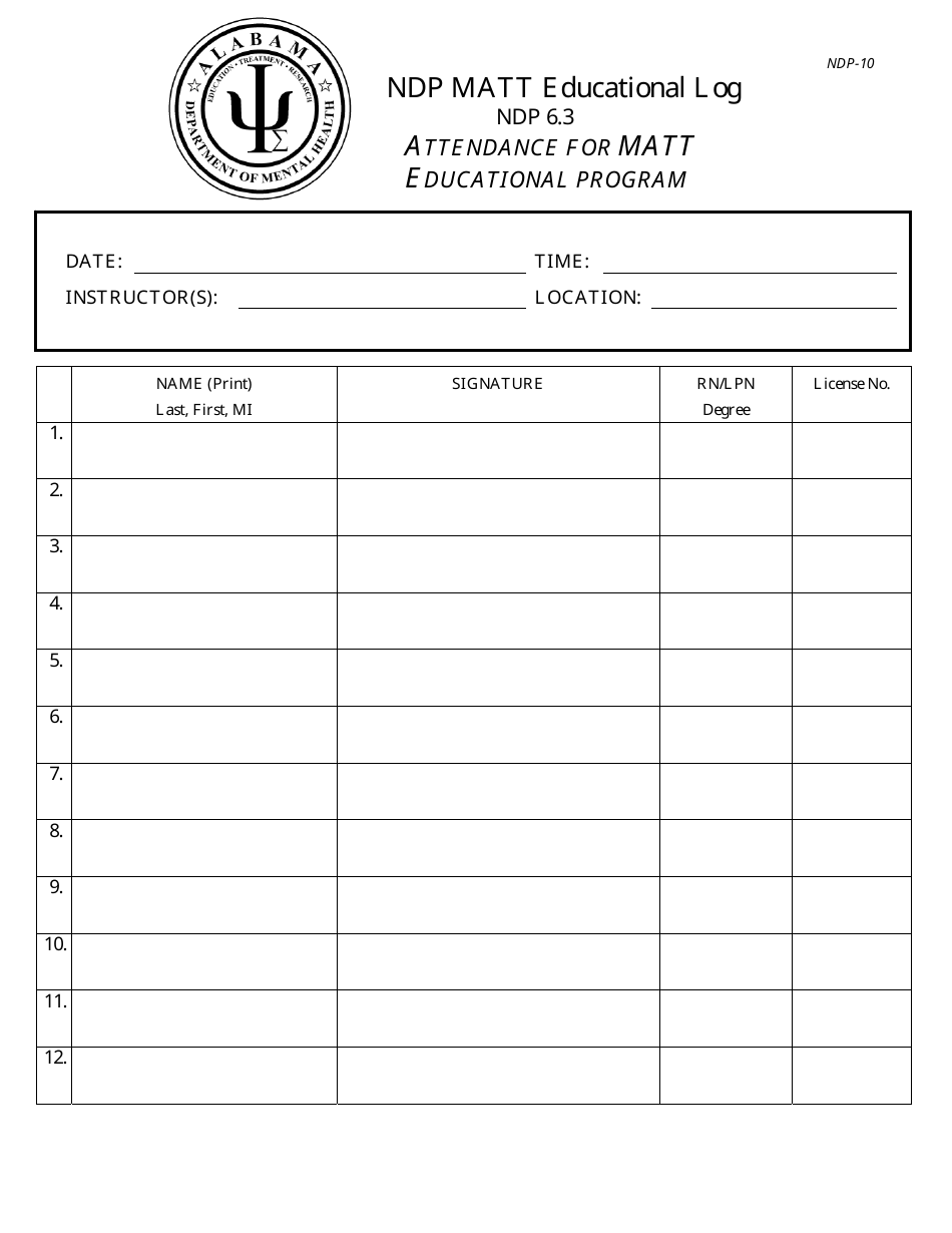 Form NDP-10 Ndp Matt Educational Log - Alabama, Page 1
