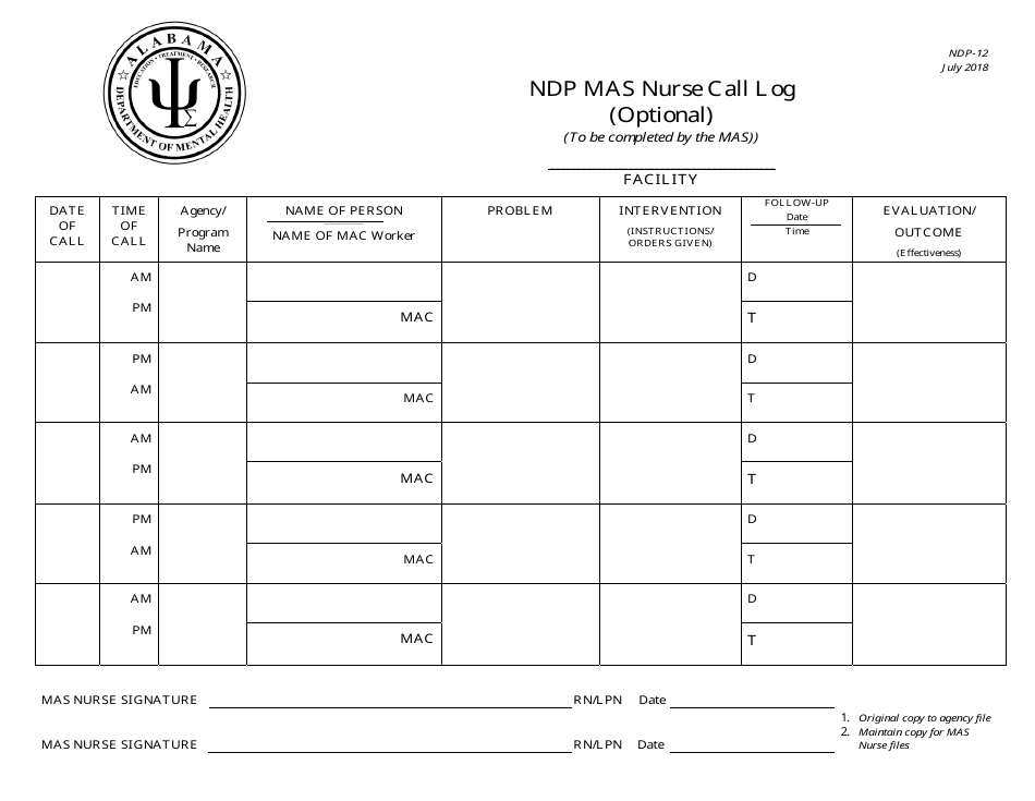 Form NDP-12 Mas Nurse Call Log (Optional) - Alabama, Page 1