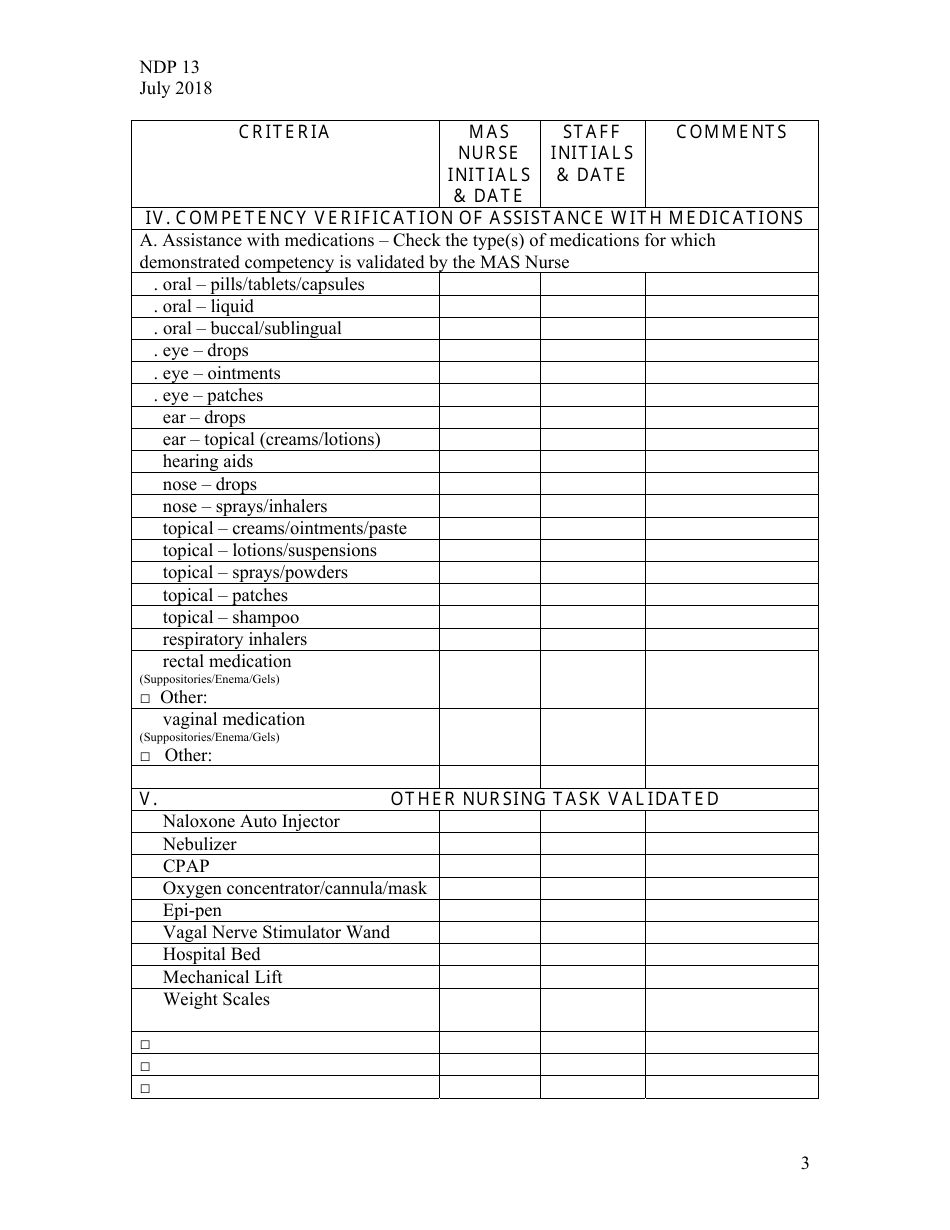 Form NDP13 Nurse Delegation Program Skills Check List - Alabama, Page 3