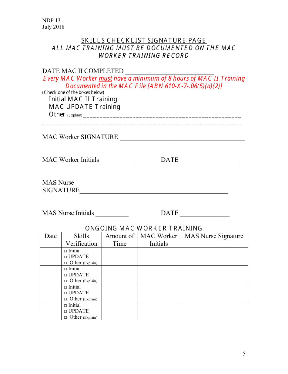 Form NDP13 Nurse Delegation Program Skills Check List - Alabama, Page 5