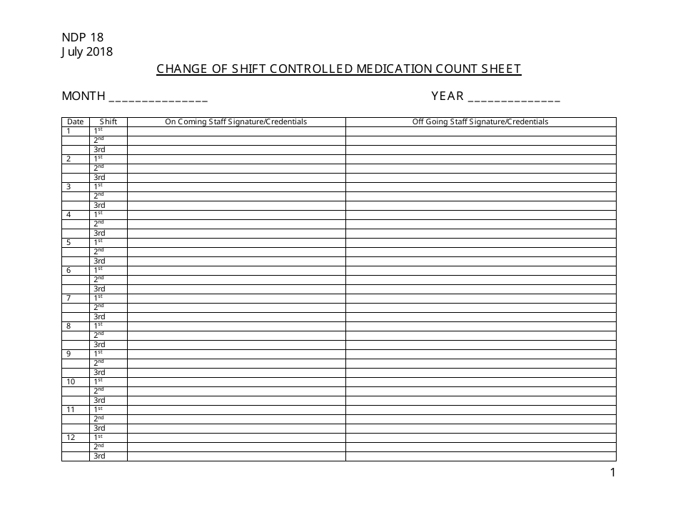 Form NDP18 Change of Shift Controlled Medication Count Sheet - Alabama, Page 1
