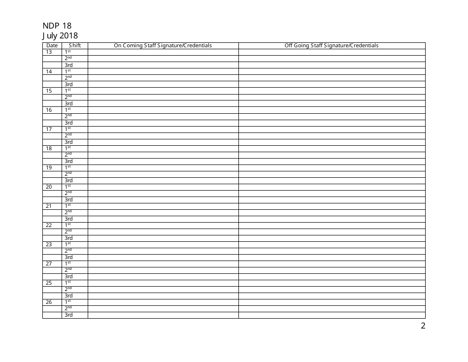 Form NDP18 Change of Shift Controlled Medication Count Sheet - Alabama, Page 2