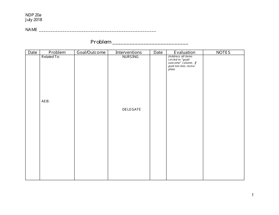 Form NDP20A Blank Care Plan - Alabama, Page 1