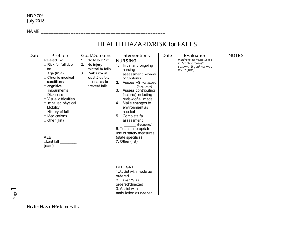 Form NDP20F Health Hazard / Risk for Falls - Alabama, Page 1