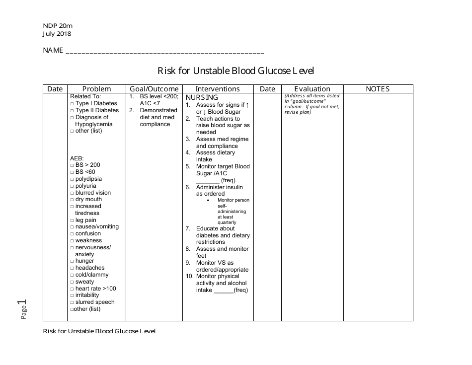 Form NDP20M Risk for Unstable Blood Glucose Level - Alabama, Page 1
