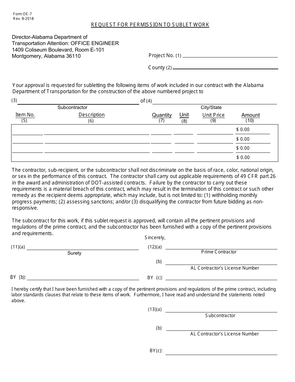 Form OE-7 Request for Permission to Sublet Work - Alabama, Page 1