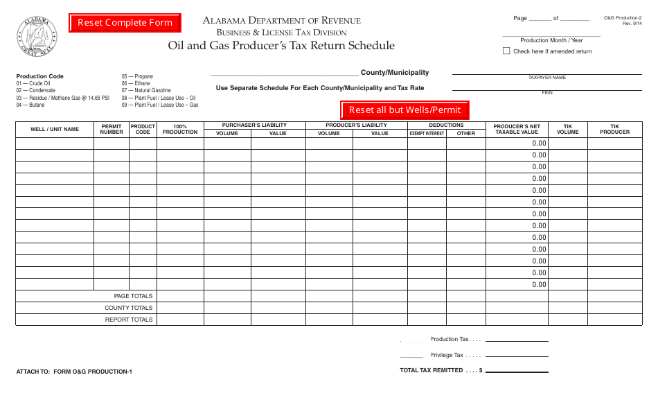 Form OG PRODUCTION-2 Oil and Gas Producers Tax Return Schedule - Alabama, Page 1