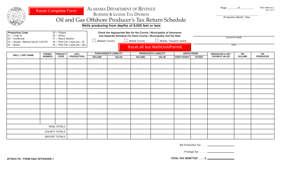 Form OG OFFSHORE-2 Oil and Gas Offshore Producers Tax Return Schedule - Alabama, Page 1