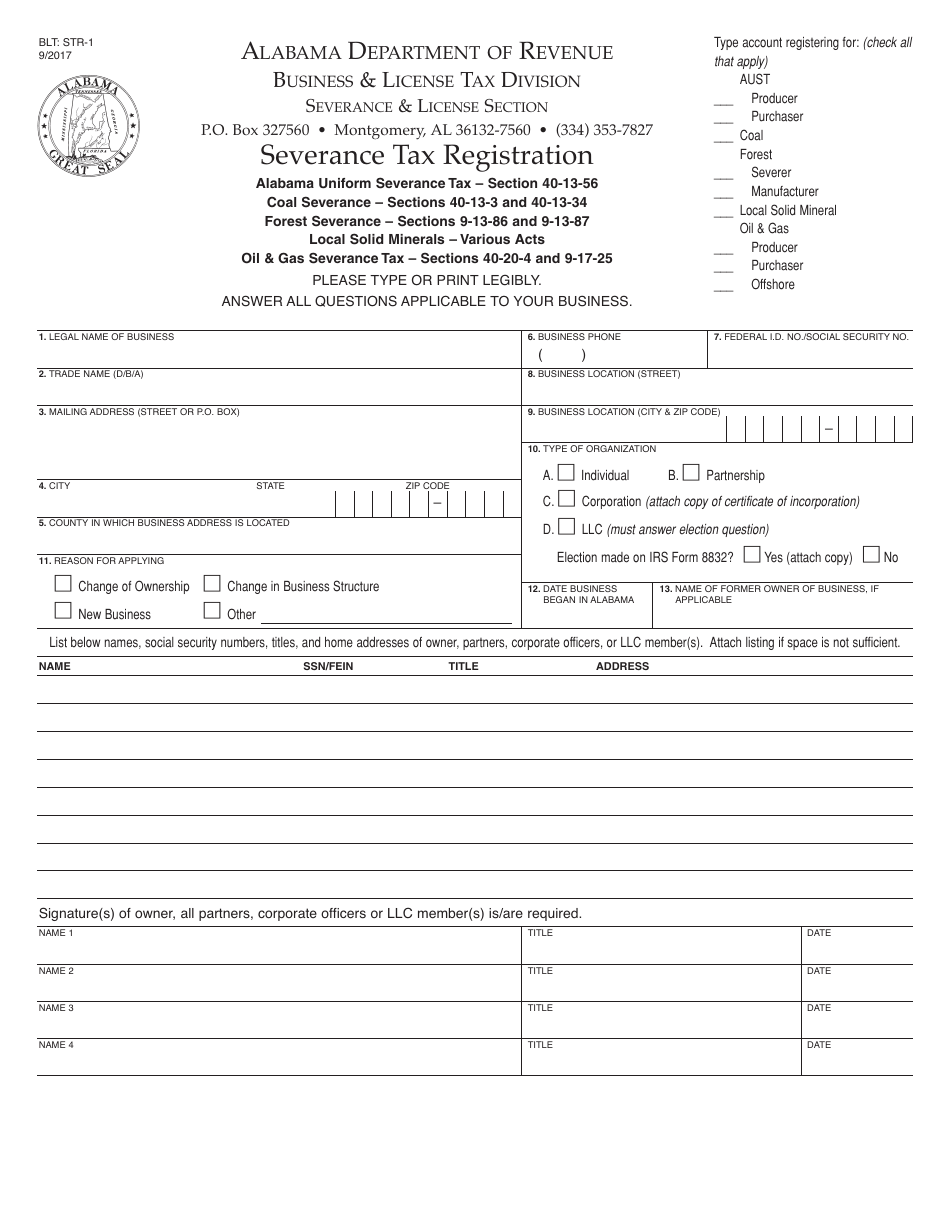 Form STR-1 Severance Tax Registration - Alabama, Page 1