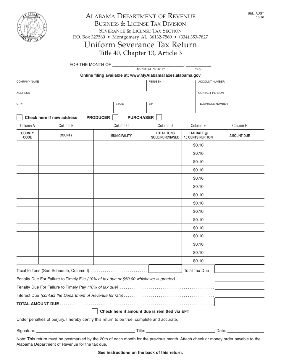 Form BL: AUST Uniform Severance Tax Return - Alabama, Page 1