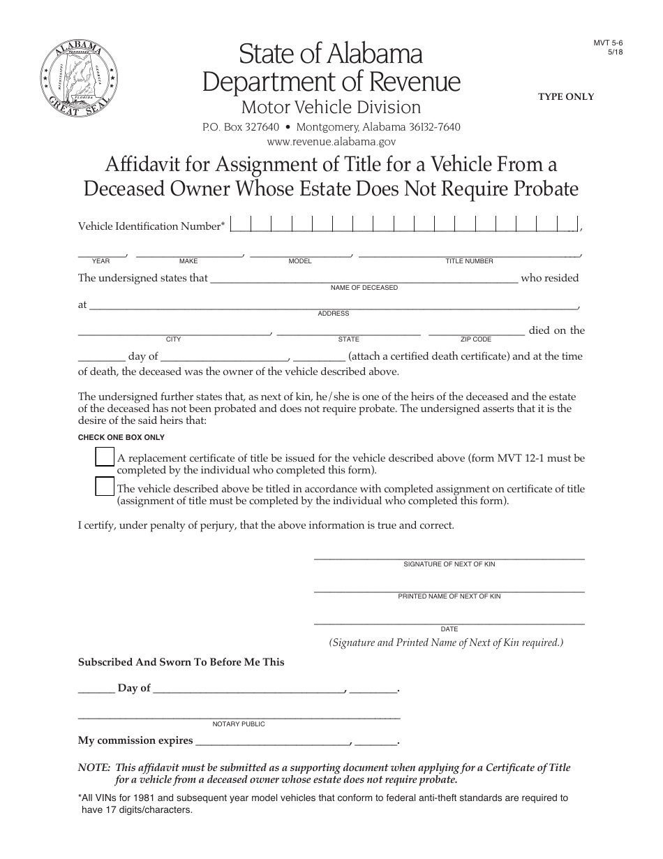 Form MVT5-6 Affidavit for Assignment of Title for a Vehicle From a Deceased Owner Whose Estate Does Not Require Probate - Alabama, Page 1