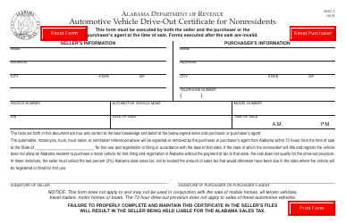 Document preview: Form DOC-1 Automotive Vehicle Drive-Out Certificate for Nonresidents - Alabama