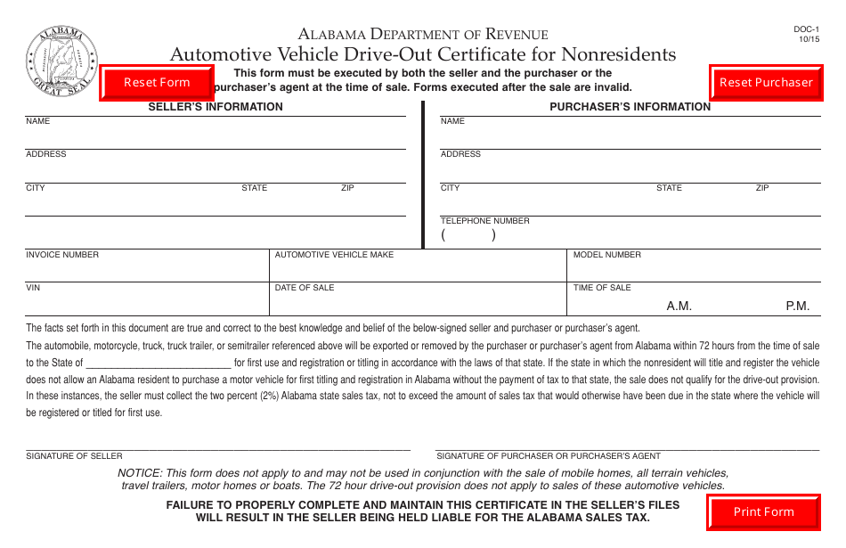 Form DOC-1 Automotive Vehicle Drive-Out Certificate for Nonresidents - Alabama, Page 1