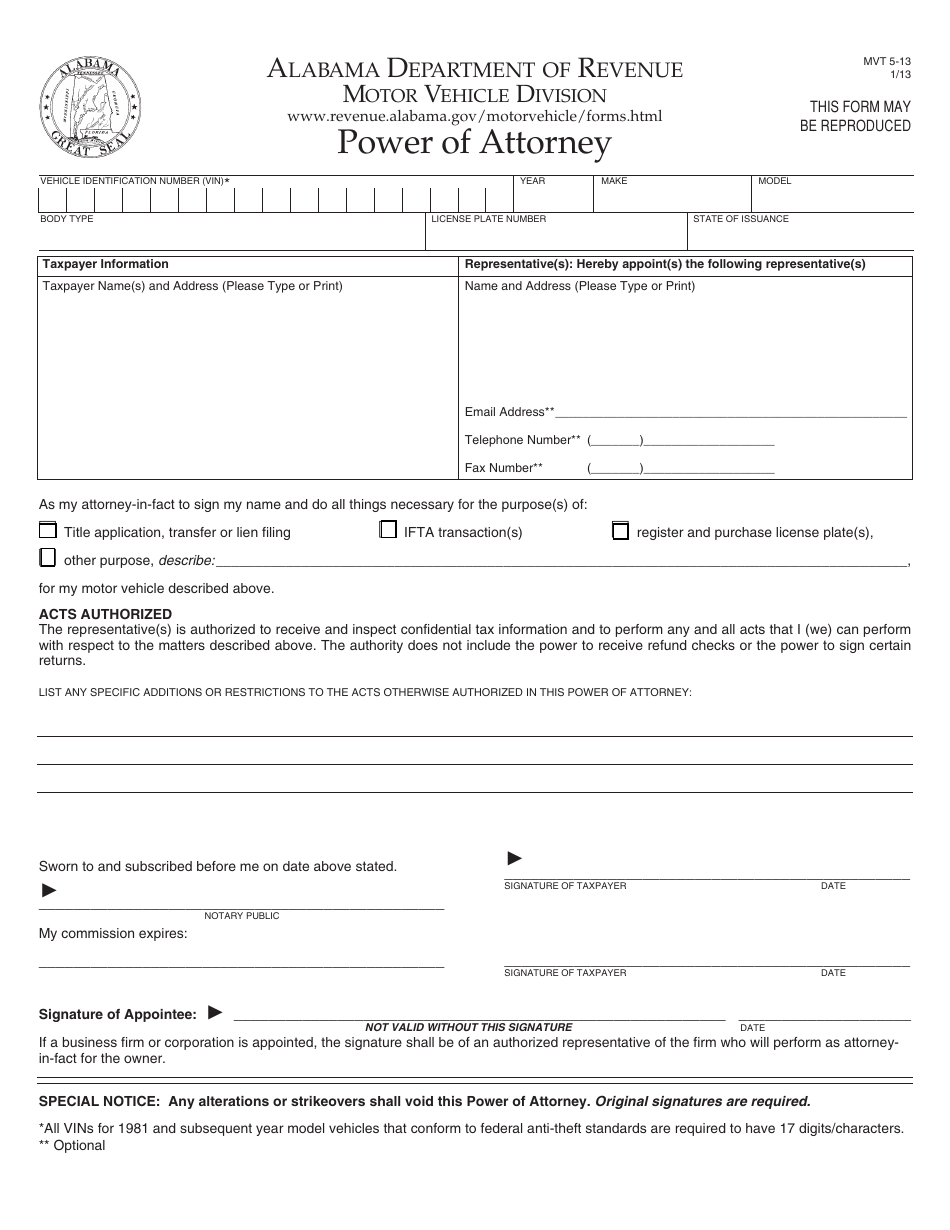 Form MVT5-13 Power of Attorney - Alabama, Page 1