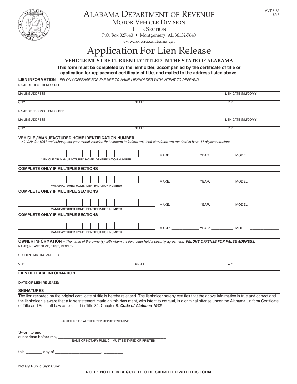 Form MVT5-63 Application for Lien Release - Alabama, Page 1