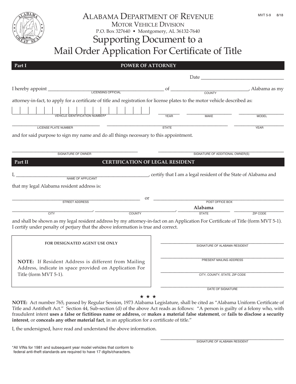 Form MVT5-9 Supporting Document to a Mail Order Application for Certificate of Title - Alabama, Page 1