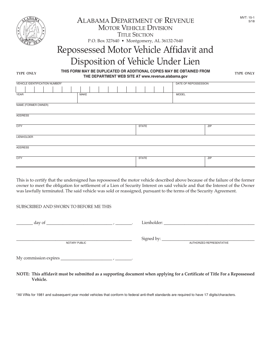 Form MVT15-1 - Fill Out, Sign Online and Download Fillable PDF, Alabama ...