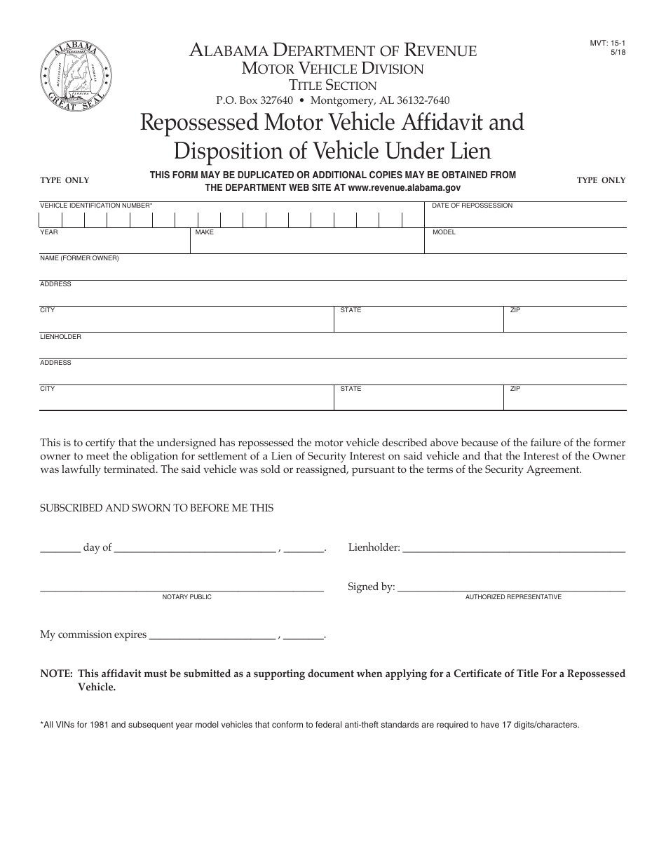 Form MVT15-1 Repossessed Motor Vehicle Affidavit and Disposition of Vehicle Under Lien - Alabama, Page 1