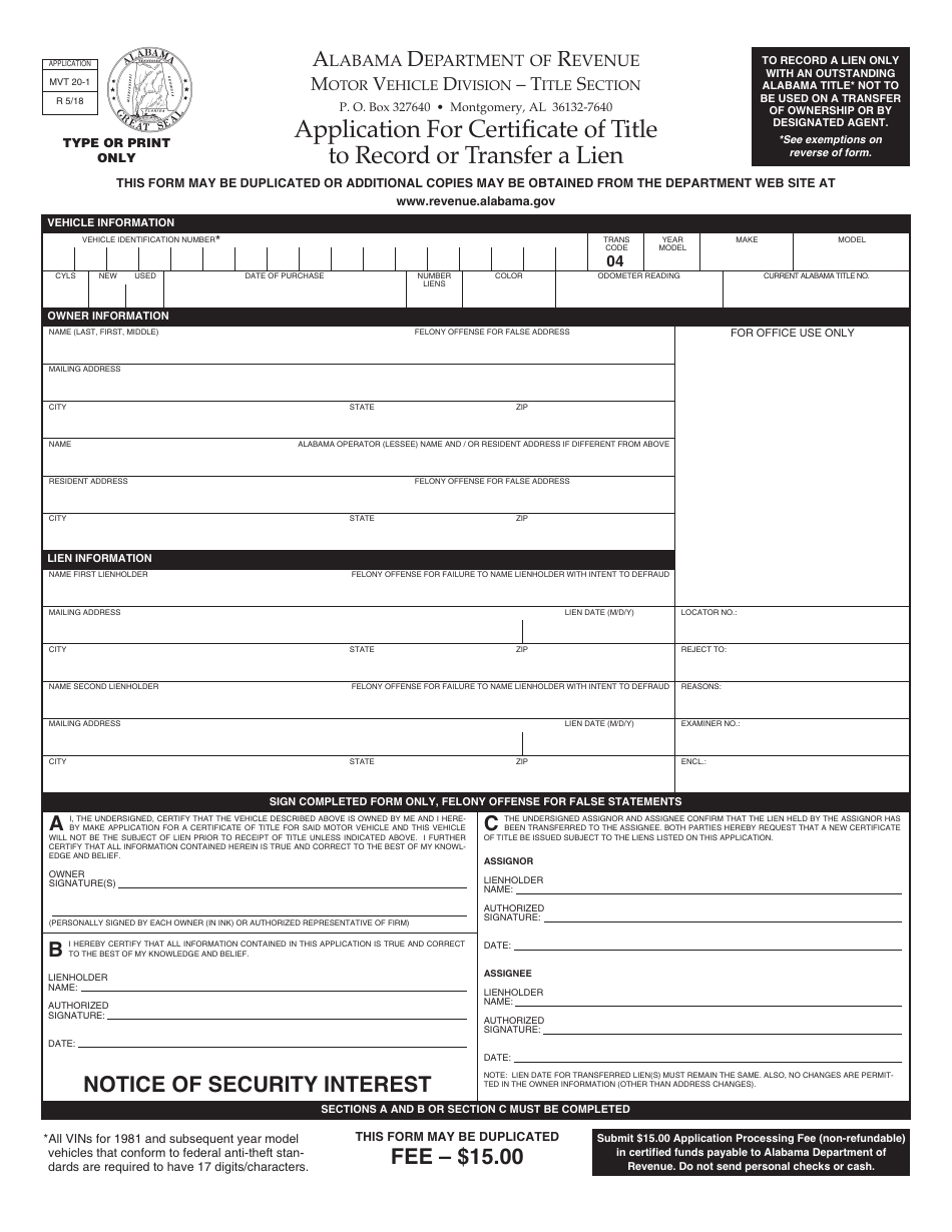 Form MVT20-1 Application for Certificate of Title to Record or Transfer a Lien - Alabama, Page 1