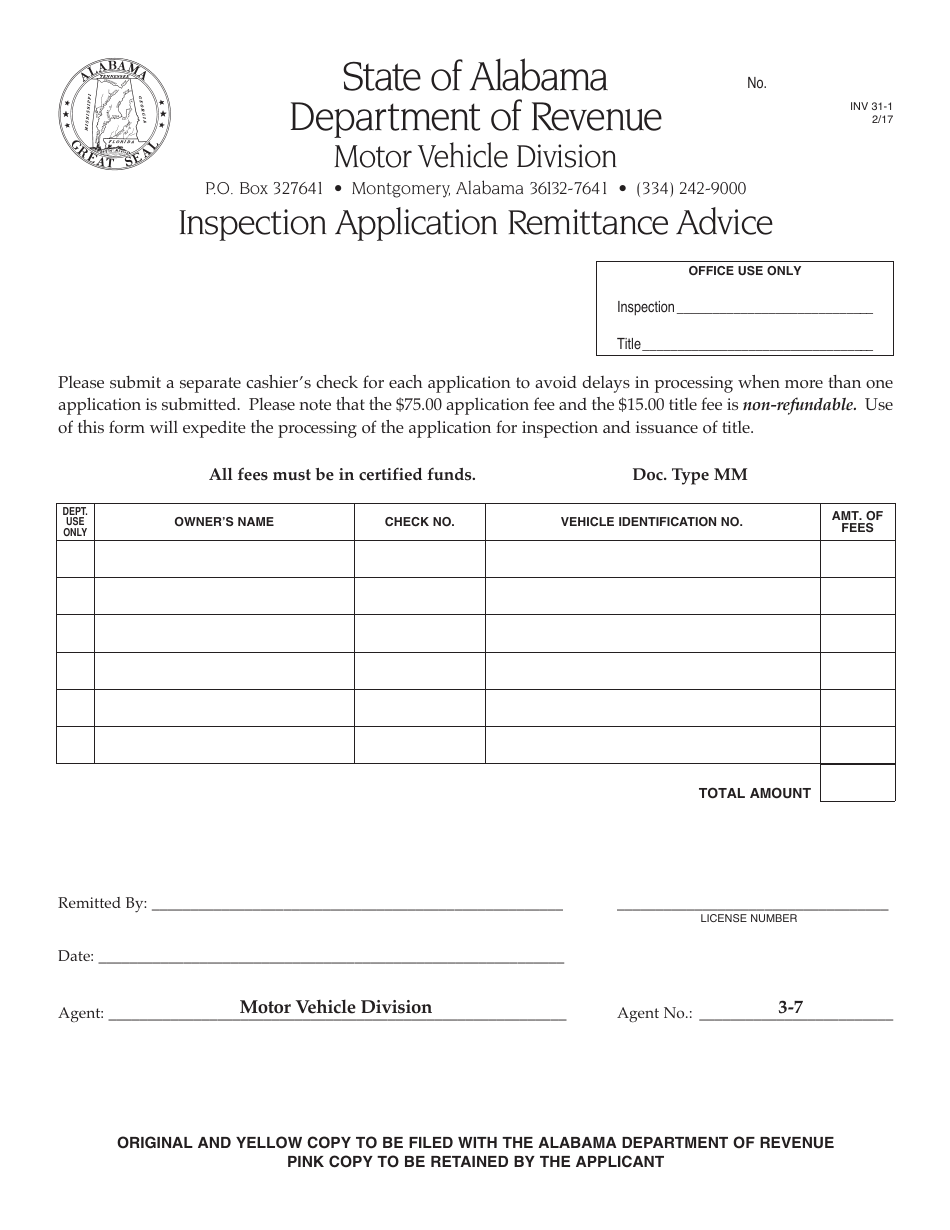 Form INV31-1 Inspection Application Remittance Advice - Alabama, Page 1