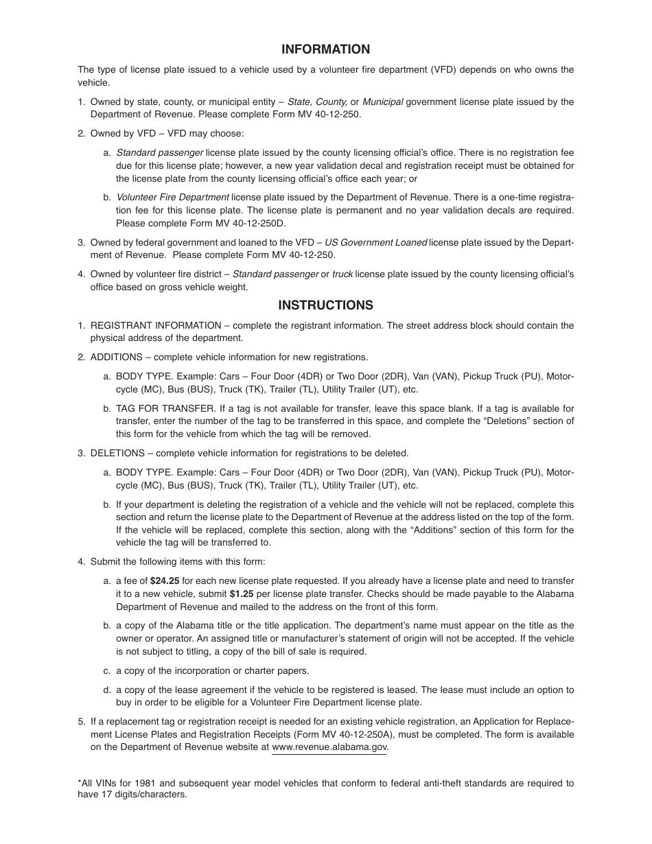 Form MV40-12-250D Application for Volunteer Fire Department License Plates - Alabama, Page 2