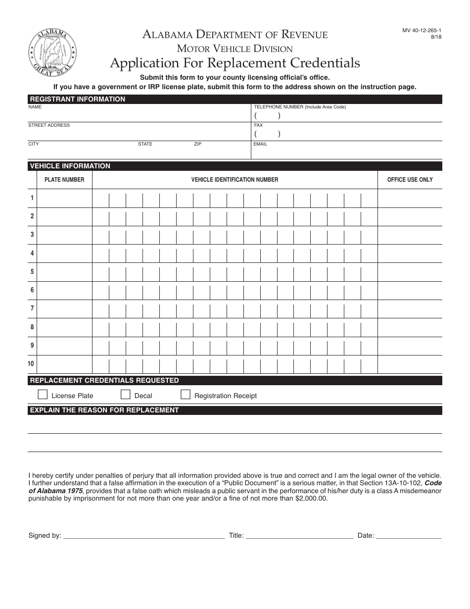 Form MV40-12-265-1 Application for Replacement Credentials - Alabama, Page 1
