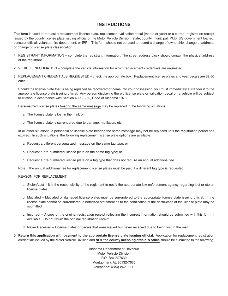 Form MV40-12-265-1 Application for Replacement Credentials - Alabama, Page 2