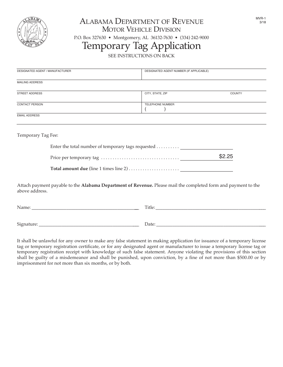 Form MVR-1 Temporary Tag Application - Alabama, Page 1