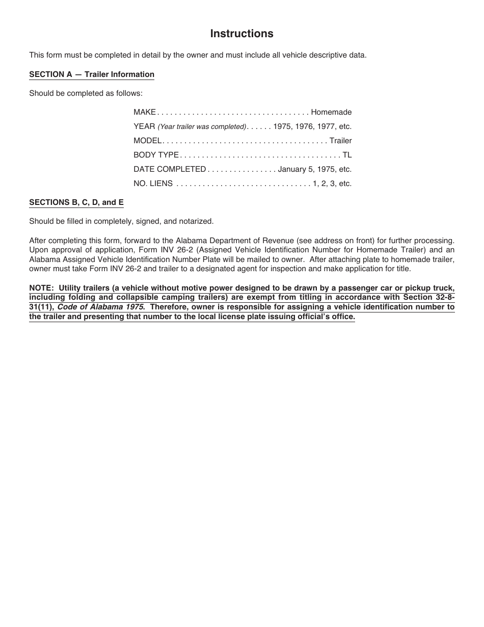 Form INV26-1 Application for Alabama Assigned Vehicle Identification Number for a Homemade Trailer - Alabama, Page 2